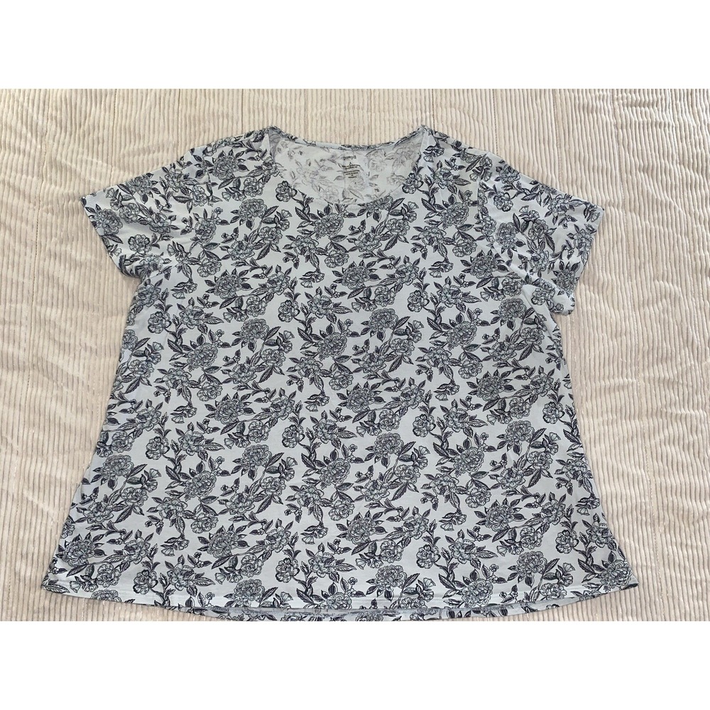 Pure Jill Scoop Neck Elliptical Tee Blue/ Black Floral Short Sleeve Women's 2XL